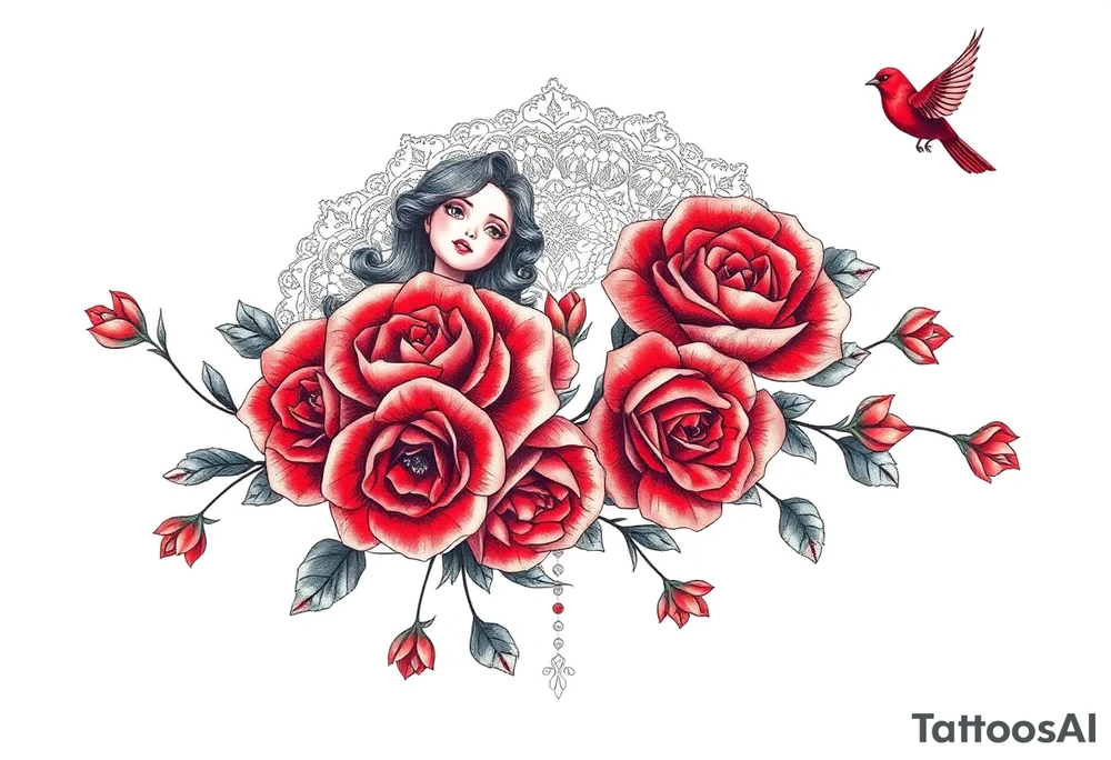 Vintage dollies, red roses, lace, red bird, no people, vintage, lower wrap arm tattoo tattoo idea