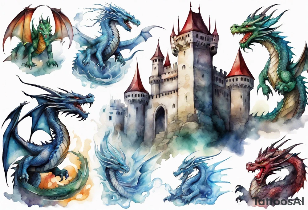 realistic mystic dragons protecting a castle tattoo idea