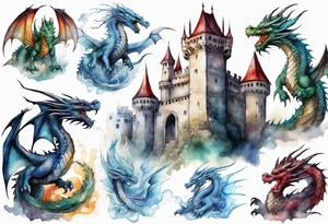 realistic mystic dragons protecting a castle tattoo idea
