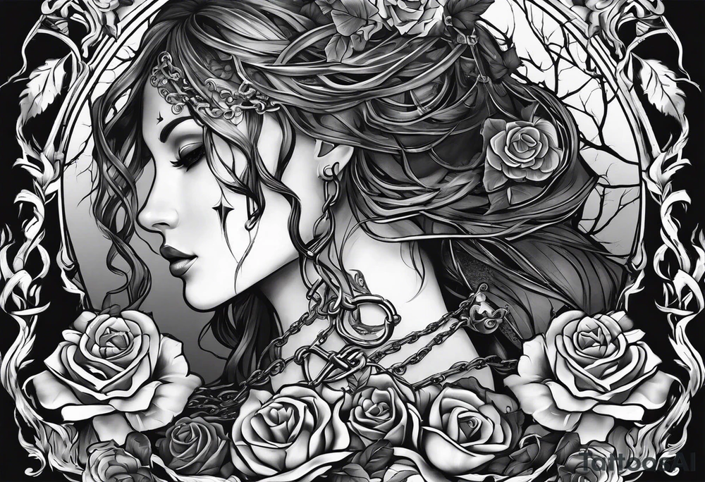 tattoo fool sleeve, tree roots break out of the chains, broken mask, girl, roses, medieval, dark castle tattoo idea