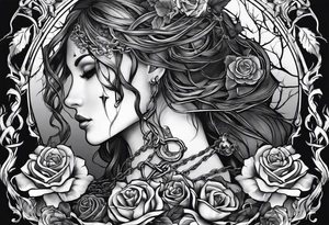 tattoo fool sleeve, tree roots break out of the chains, broken mask, girl, roses, medieval, dark castle tattoo idea
