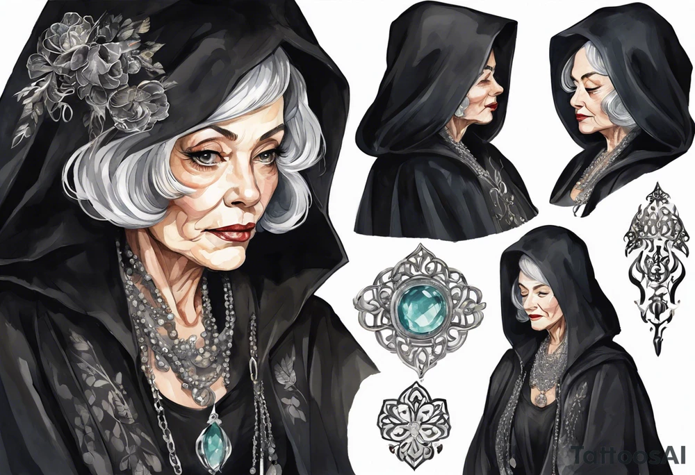 a beautiful 60-year-old black-haired woman dressed in a black cloak with a silver brooch tattoo idea