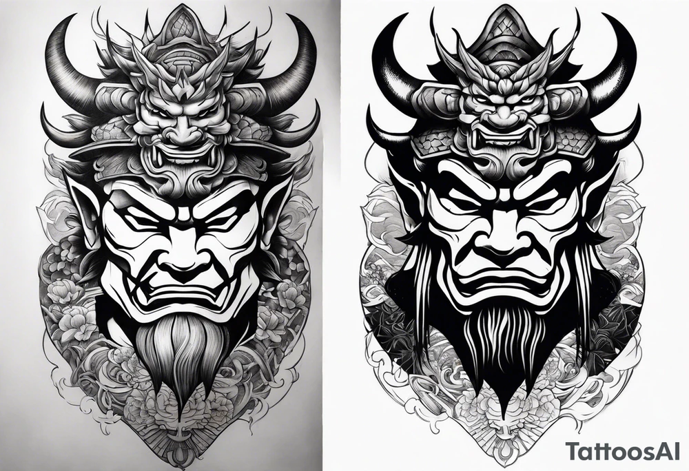 samurai and oni mask leg sleeve tattoo idea