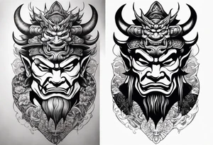 samurai and oni mask leg sleeve tattoo idea