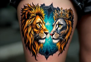 A lion with a golden mane facing a lioness with a silver crown, their eyes inked in piercing green and amber. tattoo idea