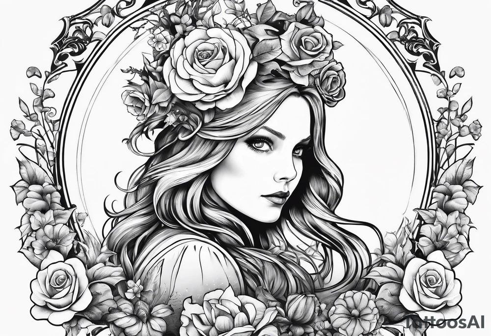 Alice through the looking glass with flowers everywhere tattoo idea Alice through the looking glass with flowers everywhere tattoo idea