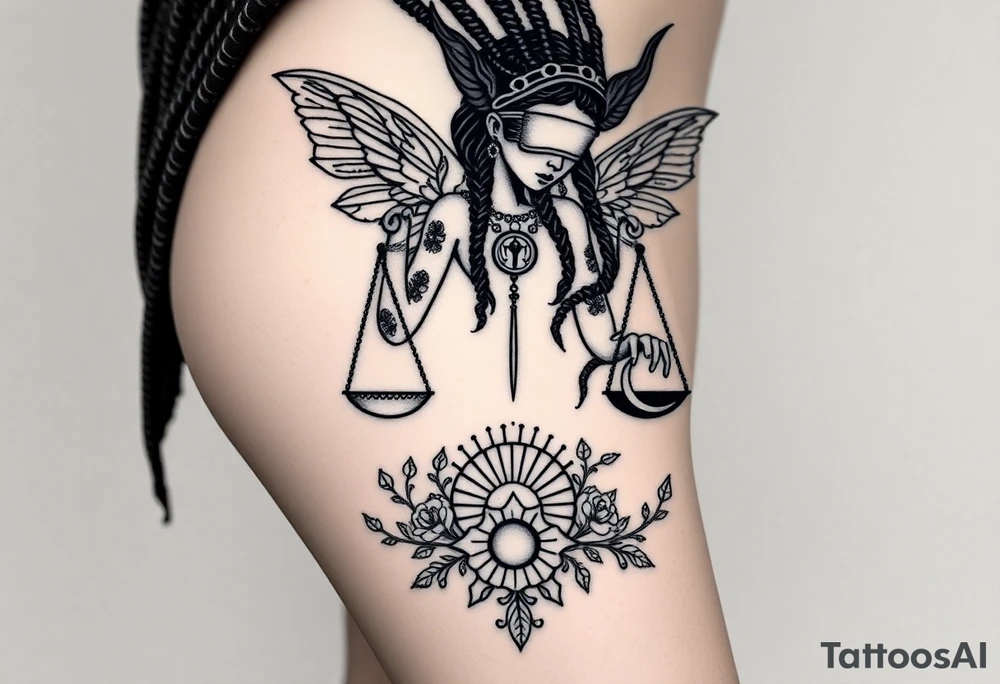 Black Sylph with dreads wearing blind fold and ankh pendant with tattoos holding weighing scales with the sun and moon rose vines surrounding and Anubis guarding tattoo idea