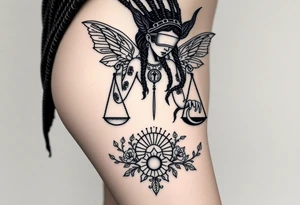 Black Sylph with dreads wearing blind fold and ankh pendant with tattoos holding weighing scales with the sun and moon rose vines surrounding and Anubis guarding tattoo idea