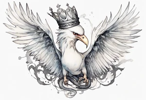 a white bird-serpent hybrid, wearing a pewter crown on its head, flying in the air tattoo idea