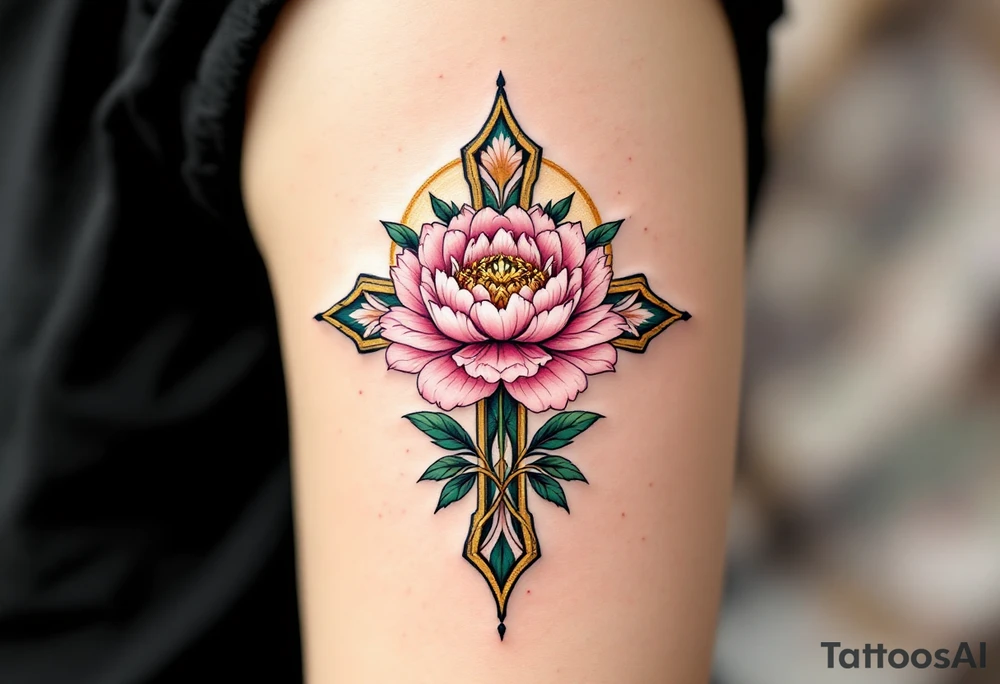 Lada's Symbol — A symmetrical floral cross in soft rose pink and leafy green, resembling a blooming peony, surrounded by a golden halo of light accompanied by a person of Lada the goddess. tattoo idea