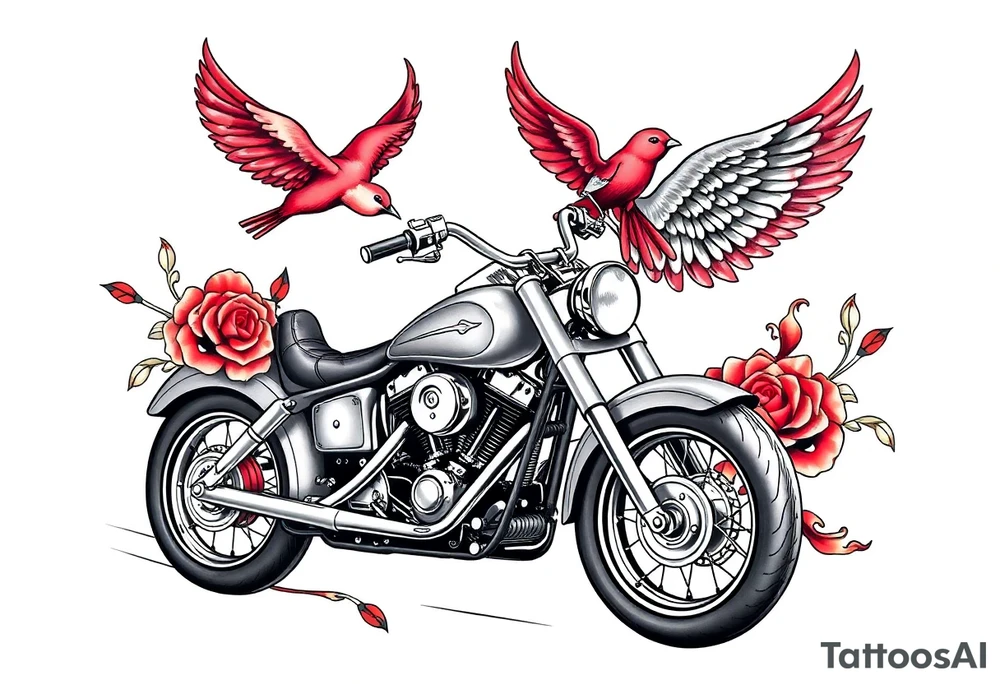 Harley grey motorcycle driving away, two red birds flying, roses, flames, angel wings tattoo idea