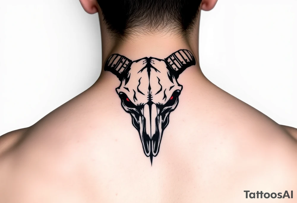 Evil Abstract looking taurus skull chest tattoo with red eyes tattoo idea