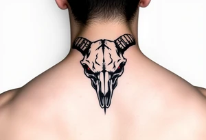 Evil Abstract looking taurus skull chest tattoo with red eyes tattoo idea