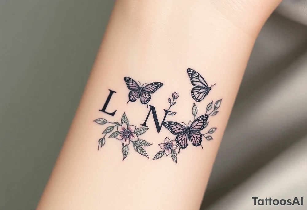 butterflies and flowers 
Letters L,M,N,O,P discreetly hidden among the foliage tattoo idea