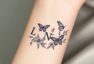 butterflies and flowers 
Letters L,M,N,O,P discreetly hidden among the foliage tattoo idea