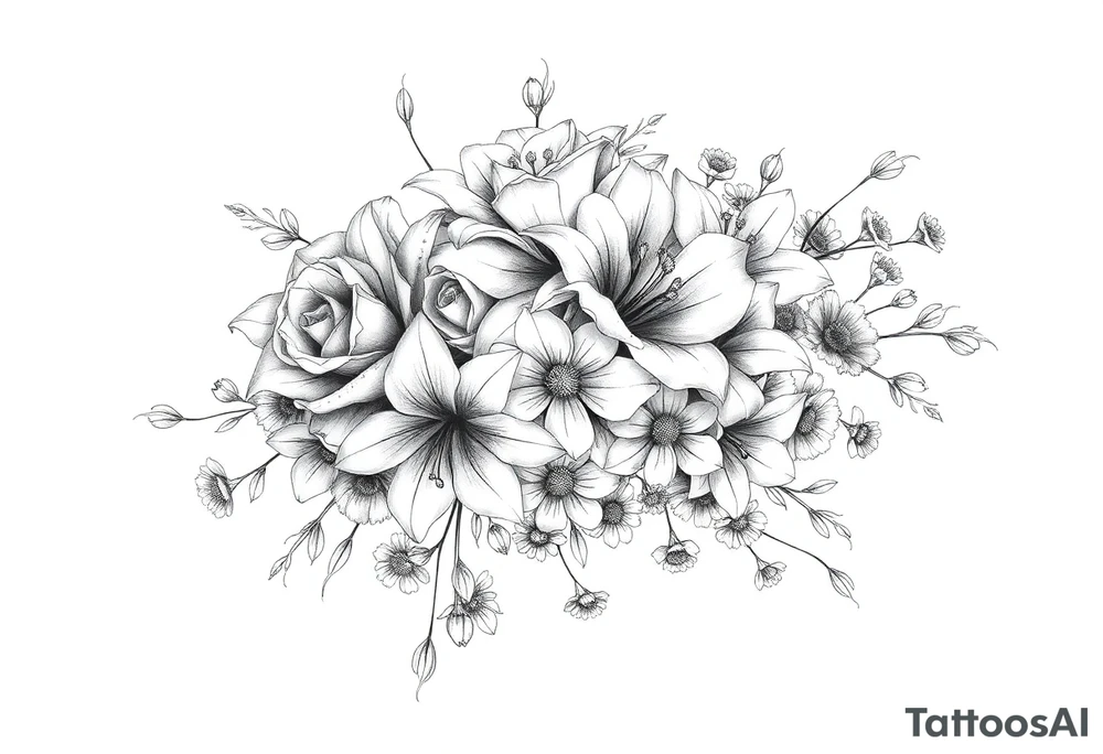 Arm and shoulder tattoo including roses, Lilly’s, daisys and small flowers tattoo idea