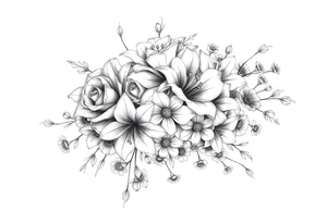 Arm and shoulder tattoo including roses, Lilly’s, daisys and small flowers tattoo idea