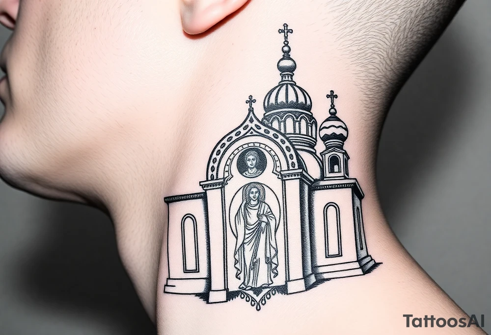 medium sized Russian orthodox church with bulb domes with a prominent russian orthodox mosaic jesus tattoo idea