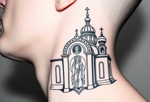 medium sized Russian orthodox church with bulb domes with a prominent russian orthodox mosaic jesus tattoo idea