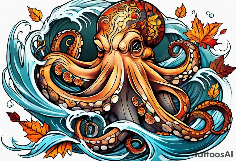 masculine abstract left thigh tattoo with a large octopus in water swirls wrapping around rocks, a rose, in fall colors with some small leaves and fall elements tattoo idea