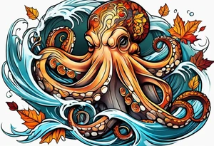 masculine abstract left thigh tattoo with a large octopus in water swirls wrapping around rocks, a rose, in fall colors with some small leaves and fall elements tattoo idea