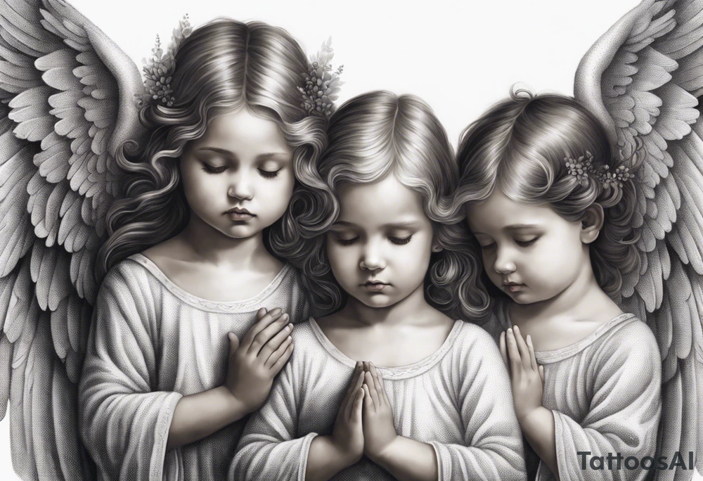 angels praying together. Three boy angels are standing in the back of the three girl angel, with their wings gently enfolding a baby angel in a protective embrace tattoo idea