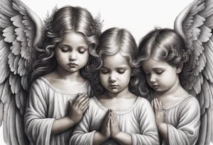 angels praying together. Three boy angels are standing in the back of the three girl angel, with their wings gently enfolding a baby angel in a protective embrace tattoo idea