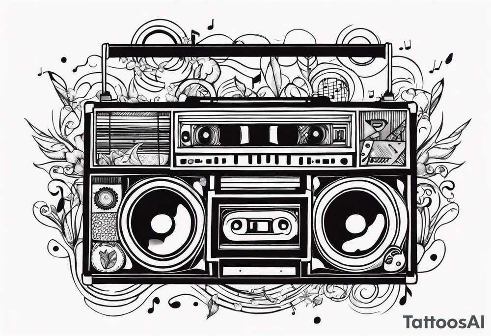 1/4 sleeve length
music notes, a cassette tape, and
instruments tattoo idea