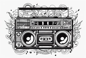 1/4 sleeve length
music notes, a cassette tape, and
instruments tattoo idea
