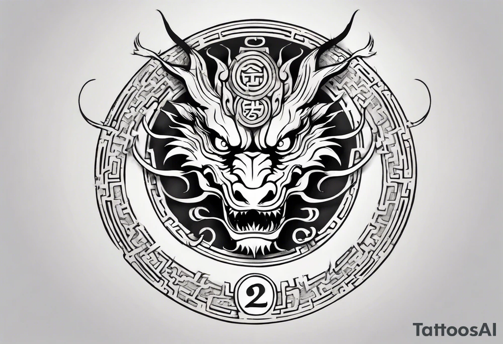 Chinese dragon in a circular shape with "02.03" written on its skin tattoo idea