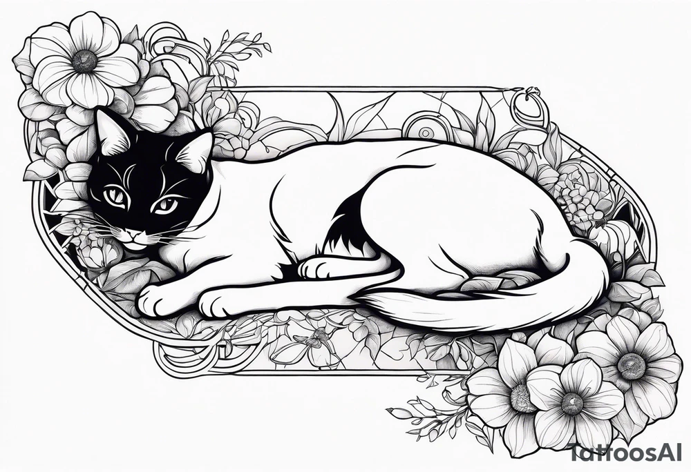 Art nouveau forearm tattoo of cat laying on back surrounded by flowers. tattoo idea