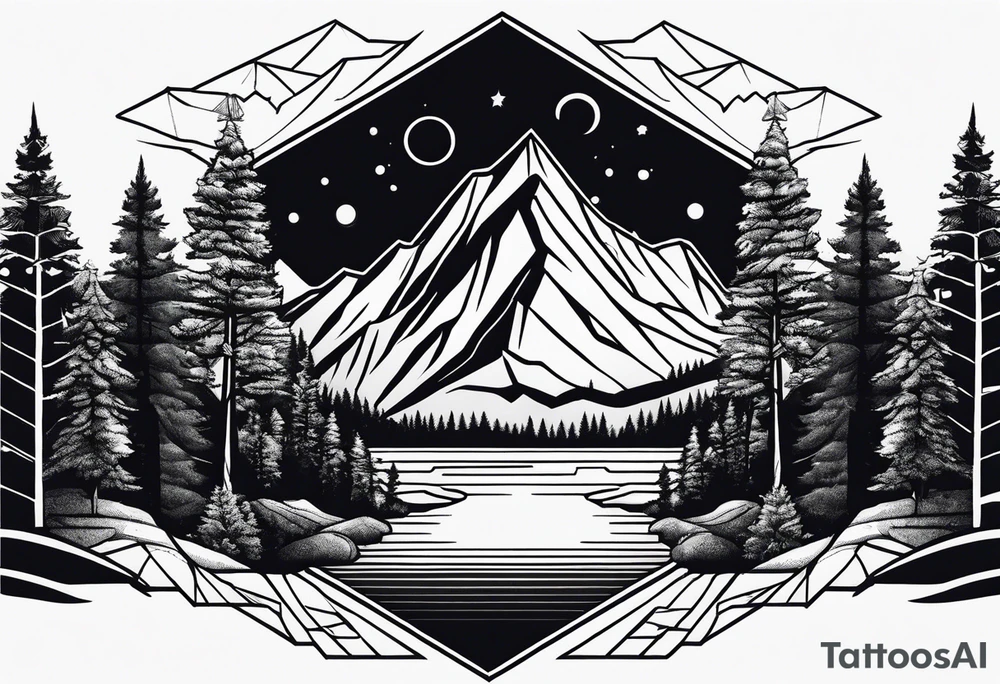 hexagon with mountain with trees tattoo idea
