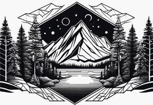 hexagon with mountain with trees tattoo idea