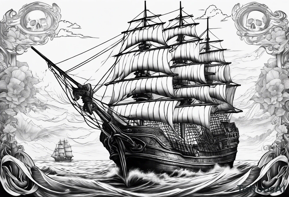 Pirat ship on the sea a sirene and a skull tattoo idea