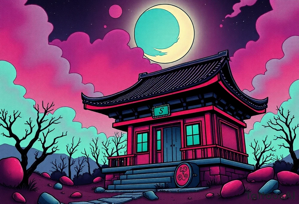 Tim Burton’s haunted pastel Tokyo shrine is abandoned and dripping with muted reds, dusty pinks, and eerie green glow.purple and cyan smokey clouds swirl in the crescent moonlit sky thats sprinkled with stars tattoo idea tattoo idea