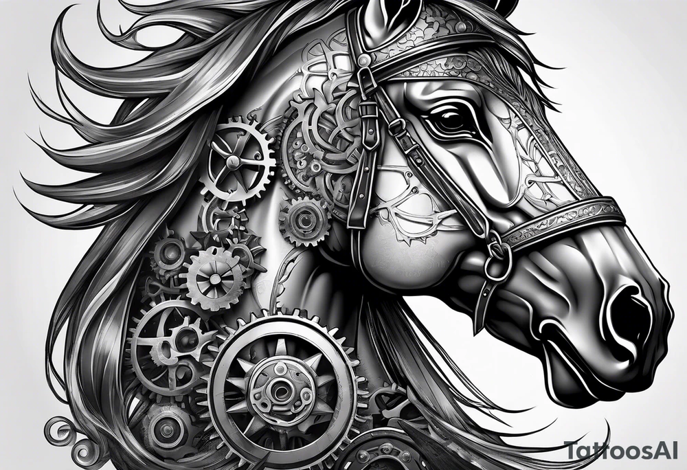 A horse head made out of gears tattoo idea