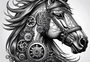 A horse head made out of gears tattoo idea