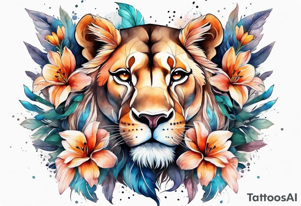 Lioness covered in feathers lilies and butterflies tattoo idea