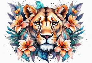Lioness covered in feathers lilies and butterflies tattoo idea