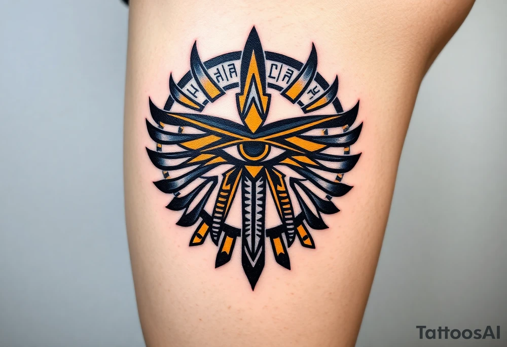 A bold black and gold Eye of Horus, with intricate hieroglyphs in the background tattoo idea