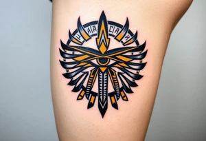 A bold black and gold Eye of Horus, with intricate hieroglyphs in the background tattoo idea