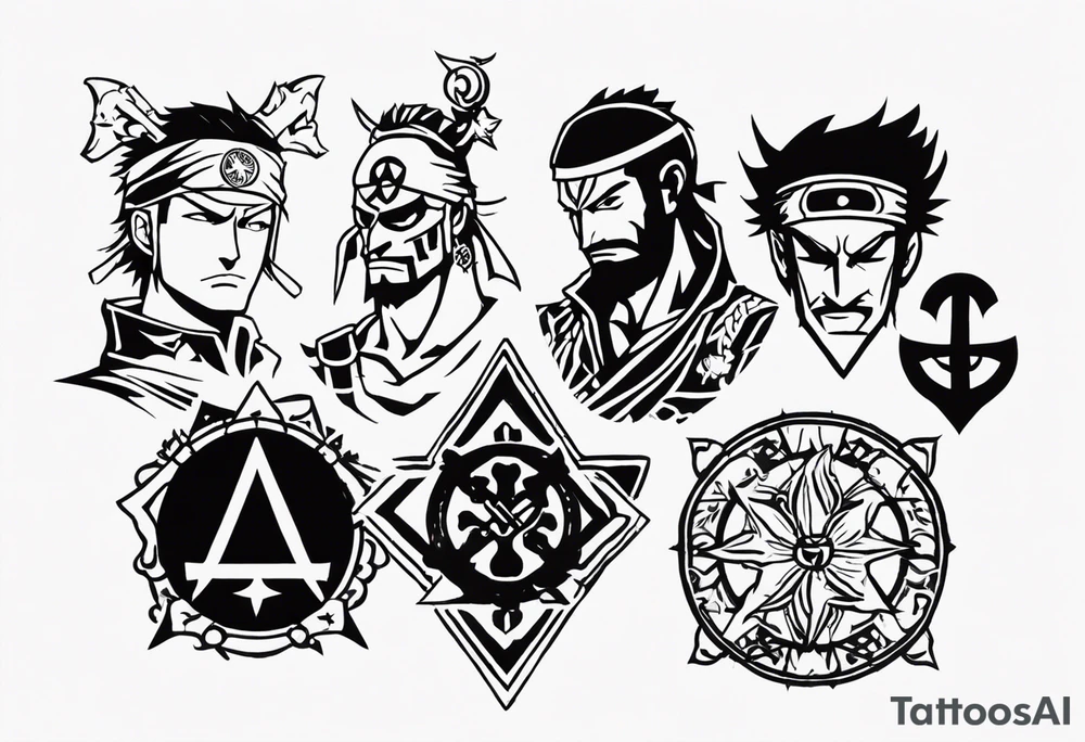 design me a tatoo for my fore arm inculde anime elements of one piece zoro  and vinland saga include gaming elements of old school games of rockstar games max payne and tekken include metal band and rock elements like nirvana mattlica ac dc deep purple pinkfloyd tattoo idea