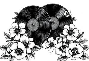 vinyl records surrounded by flowers tattoo idea