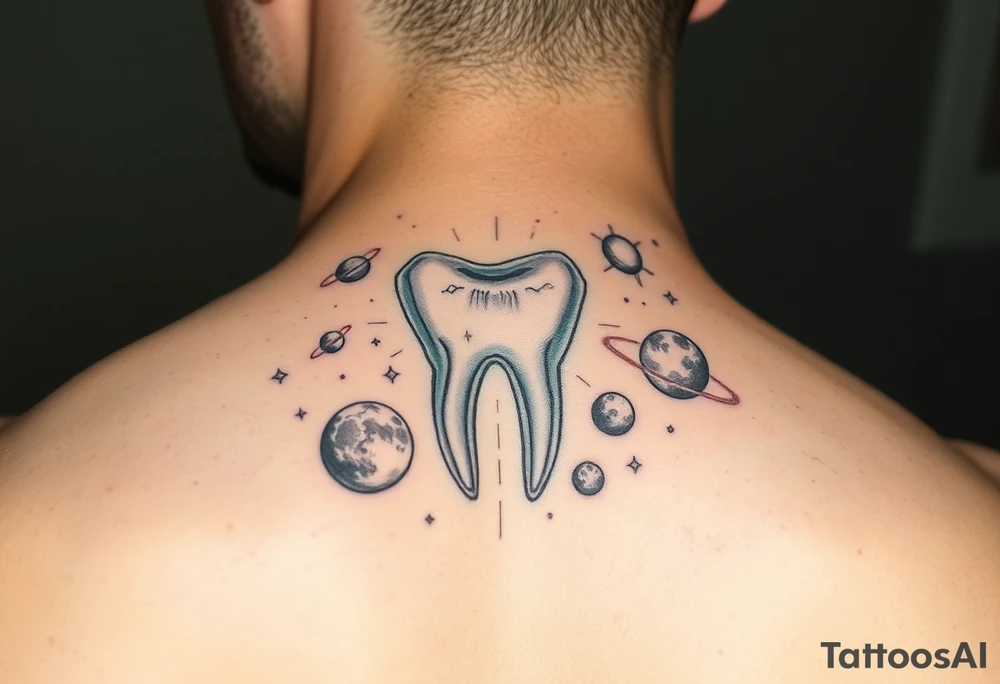 A molar tooth floating among planets and constellations, cosmic dreamy vibe with pastel watercolor style.” tattoo idea