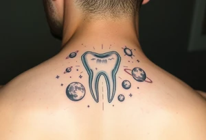 A molar tooth floating among planets and constellations, cosmic dreamy vibe with pastel watercolor style.” tattoo idea