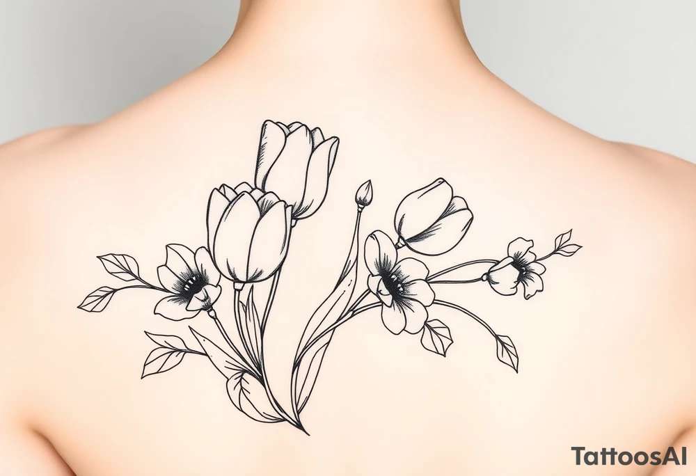 tulips and love creepers, floral arm wrap details tattoo idea