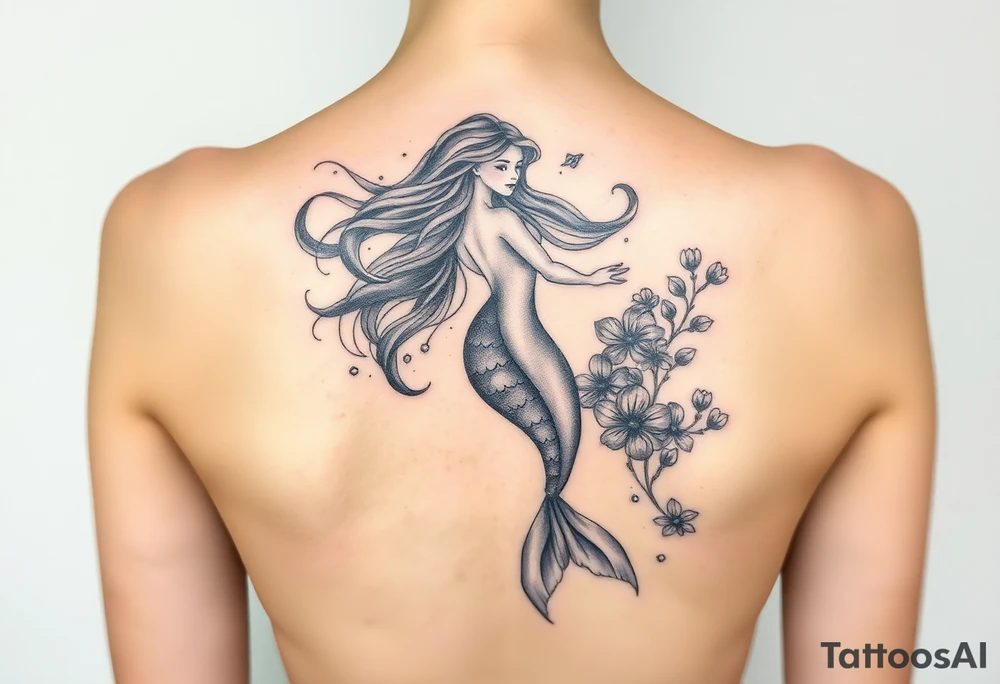 ethereal mermaid with flowing hair among coral and sea flowers tattoo idea