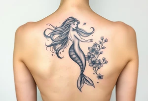 ethereal mermaid with flowing hair among coral and sea flowers tattoo idea