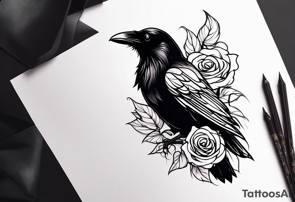 Raven looking back over shoulder with a rose underneath it tattoo idea