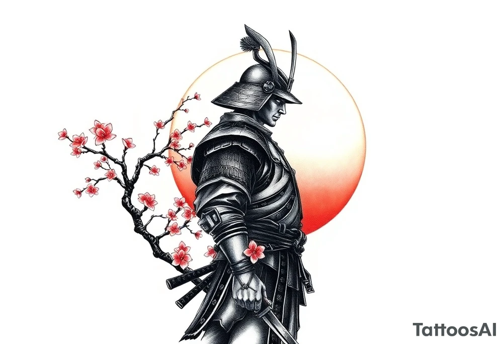 noble samurai warrior silhouette at sunset with cherry blossoms tattoo idea